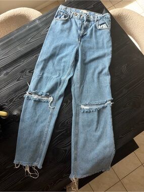 Zara Light Blue Distressed Wide-Leg Jeans